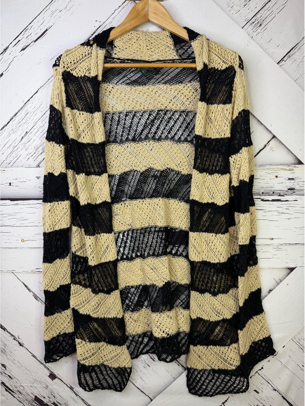 Ralph Lauren Crochet Boho Cardigan Duster Striped Knit Sweater Black Tan Women M